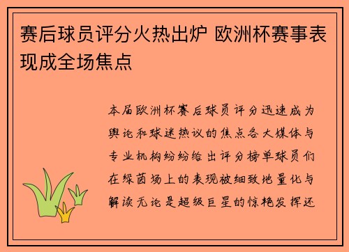 赛后球员评分火热出炉 欧洲杯赛事表现成全场焦点