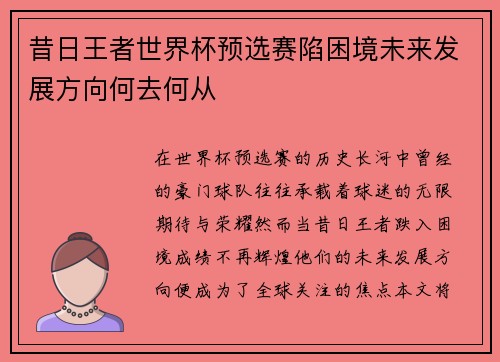 昔日王者世界杯预选赛陷困境未来发展方向何去何从